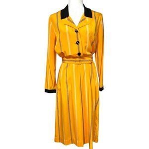 Vintage Herman Marcus Yellow Striped Long-Sleeve Dress & Belt - Size Medium